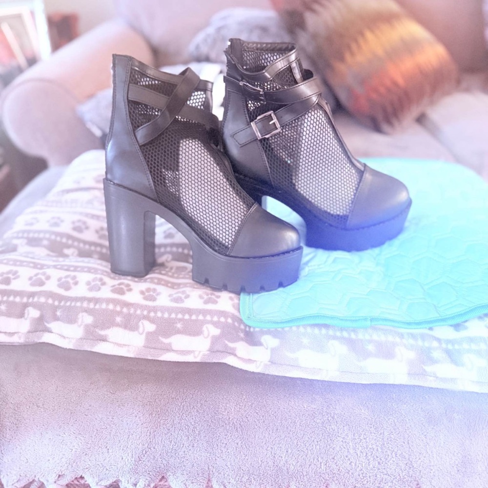 Over-the-Knee Black Mesh Platform Boots with Buckle Strap